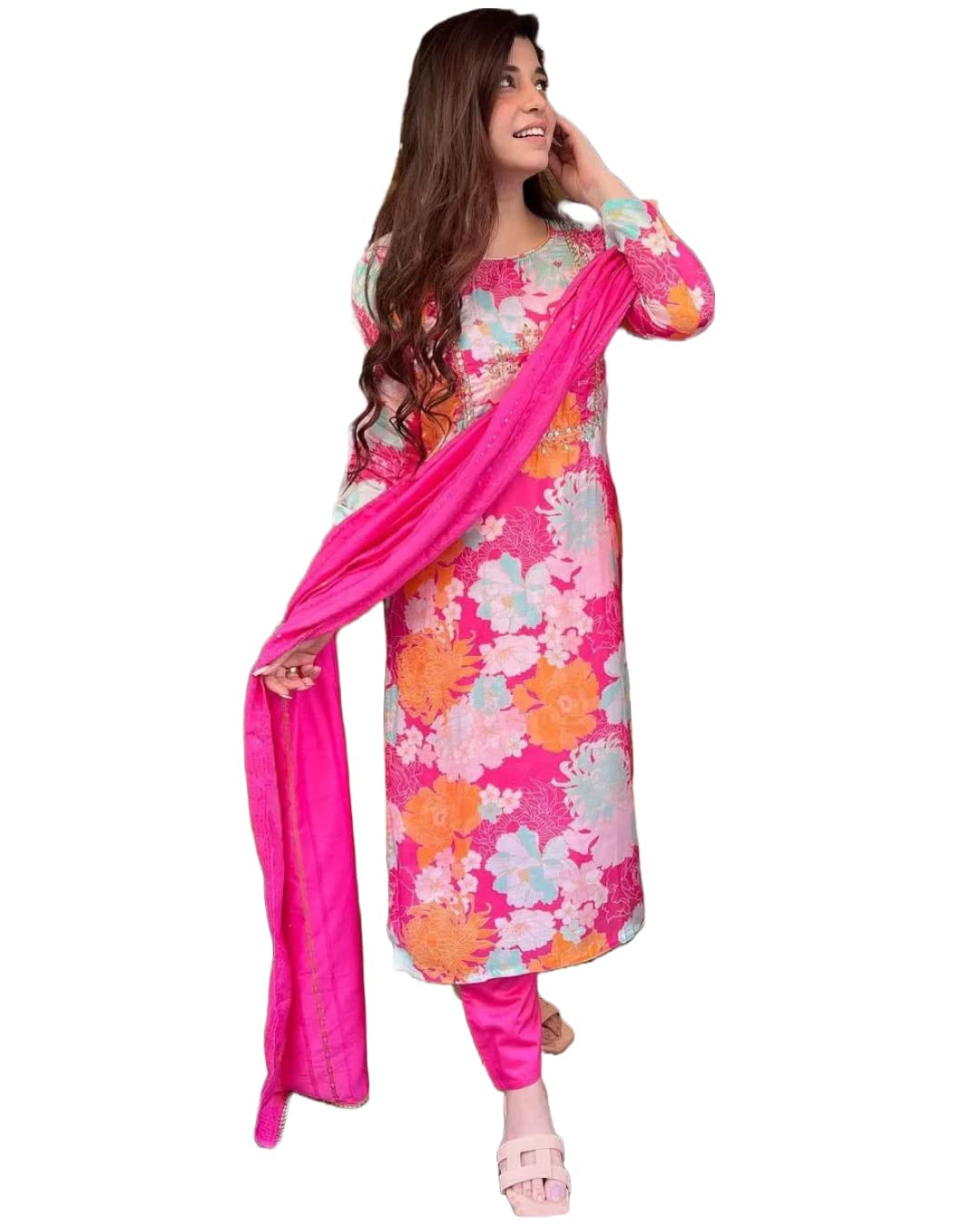 Anni Designer Women'S Cotton Blend Embroidered Floral Printed Straight Kurta With Pant & Dupatta (Litup-Pink_Xl_Pink_X-Large),Pink,XL