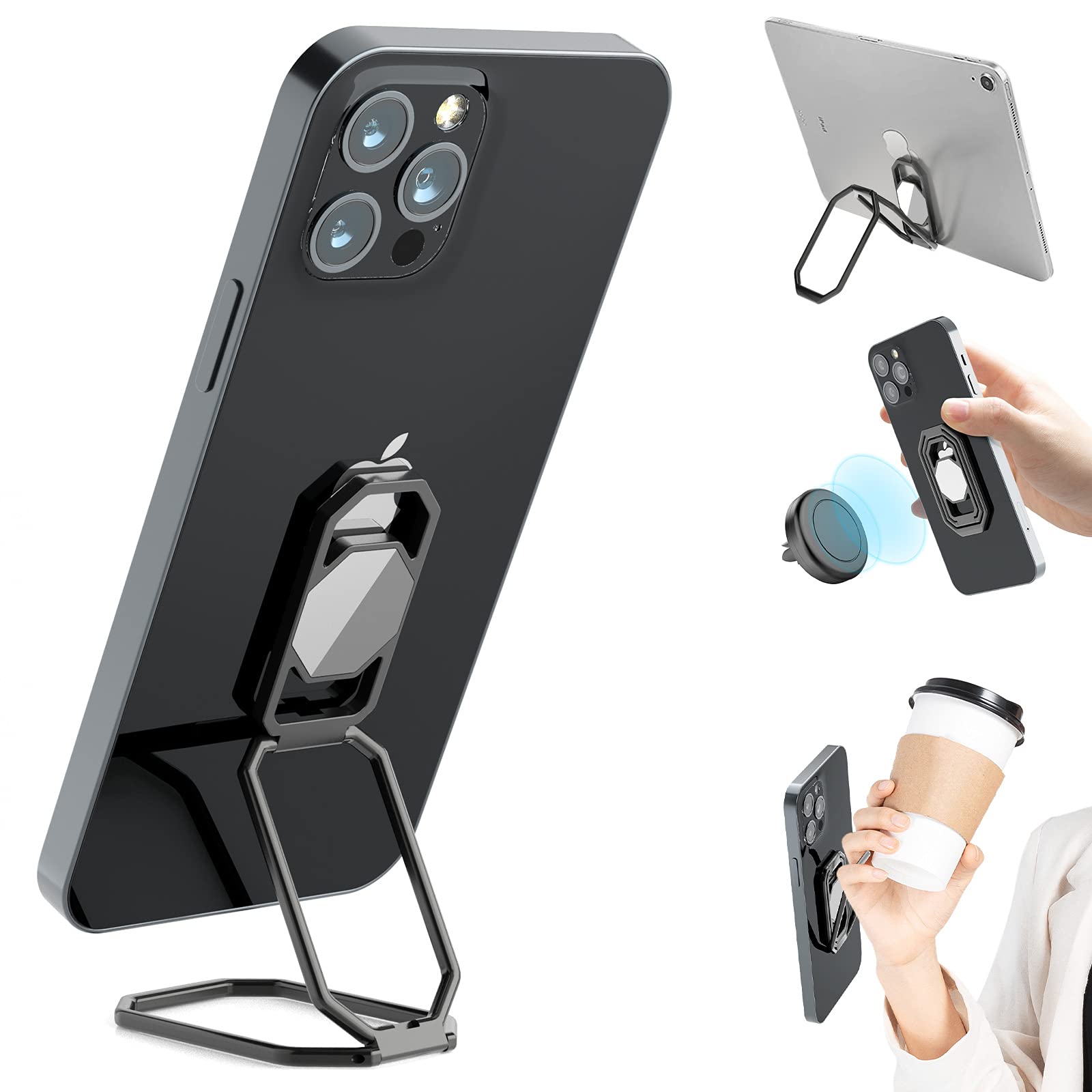 Phone Ring Holder Finger Kickstand, Upgraded 360Rotation Metal Phone Grip for Magnetic Car Mount Foldable Cell Phone Stand C