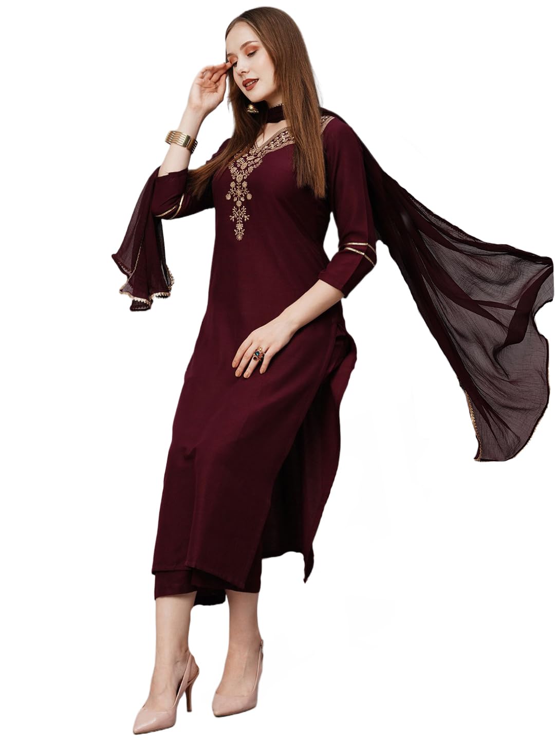 Gosriki Women'S Cotton Blend Floral Straight Kurta With Pant & Dupatta (Dacia-Gs_Maroon_Large),Maroon,,B0CGD6GBPR