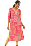 Soch Womens Fuchsia Muslin Blend Ethnic Motif Printed Kurta With Zari Fuchsia L