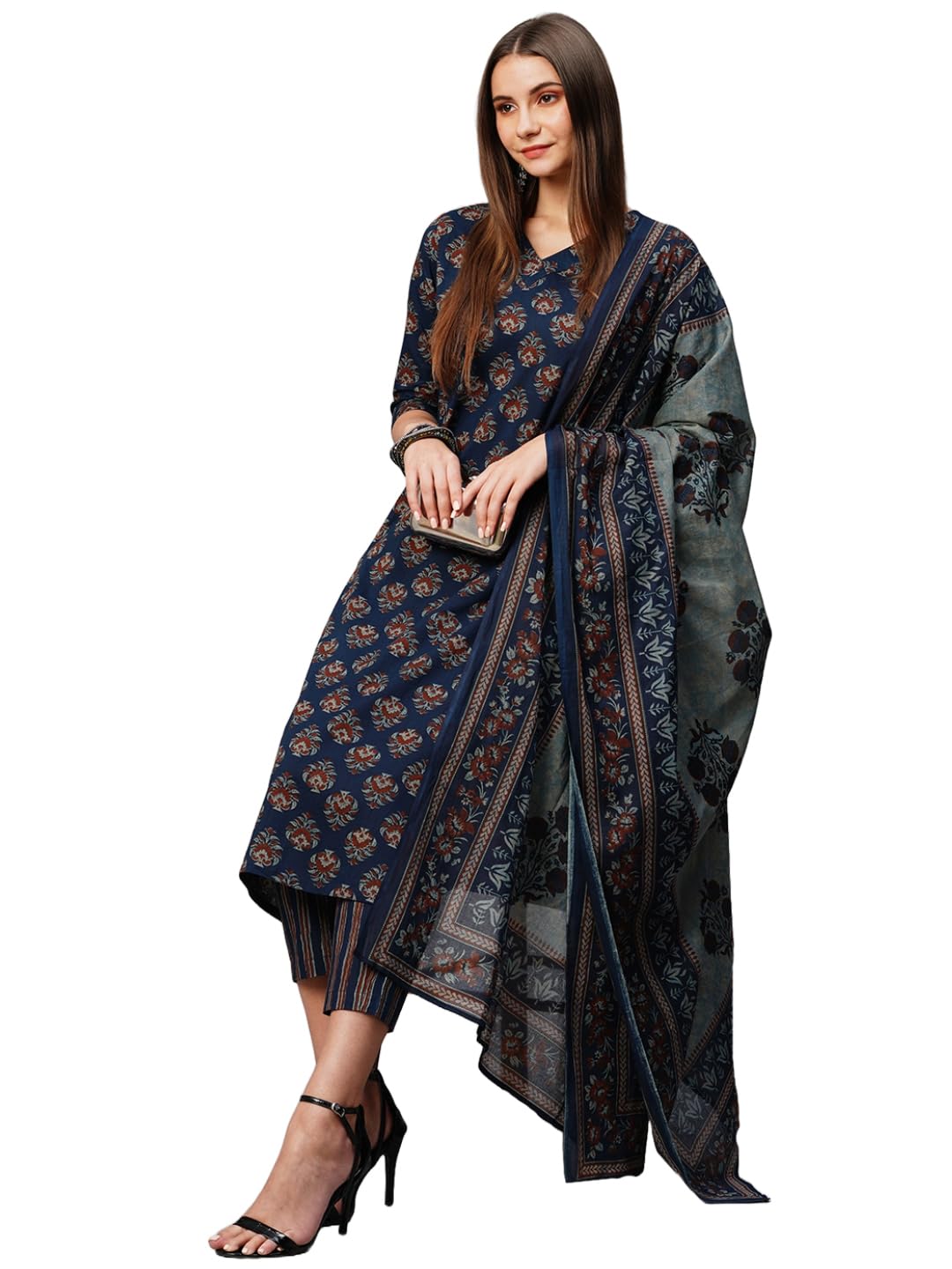 Anni Designer Women'S Cotton Blend Straight Printed Kurta With Pant & Dupatta (Bagwara Blue-Kbv_Xxl_Blue_Xx-Large),Blue,2XL