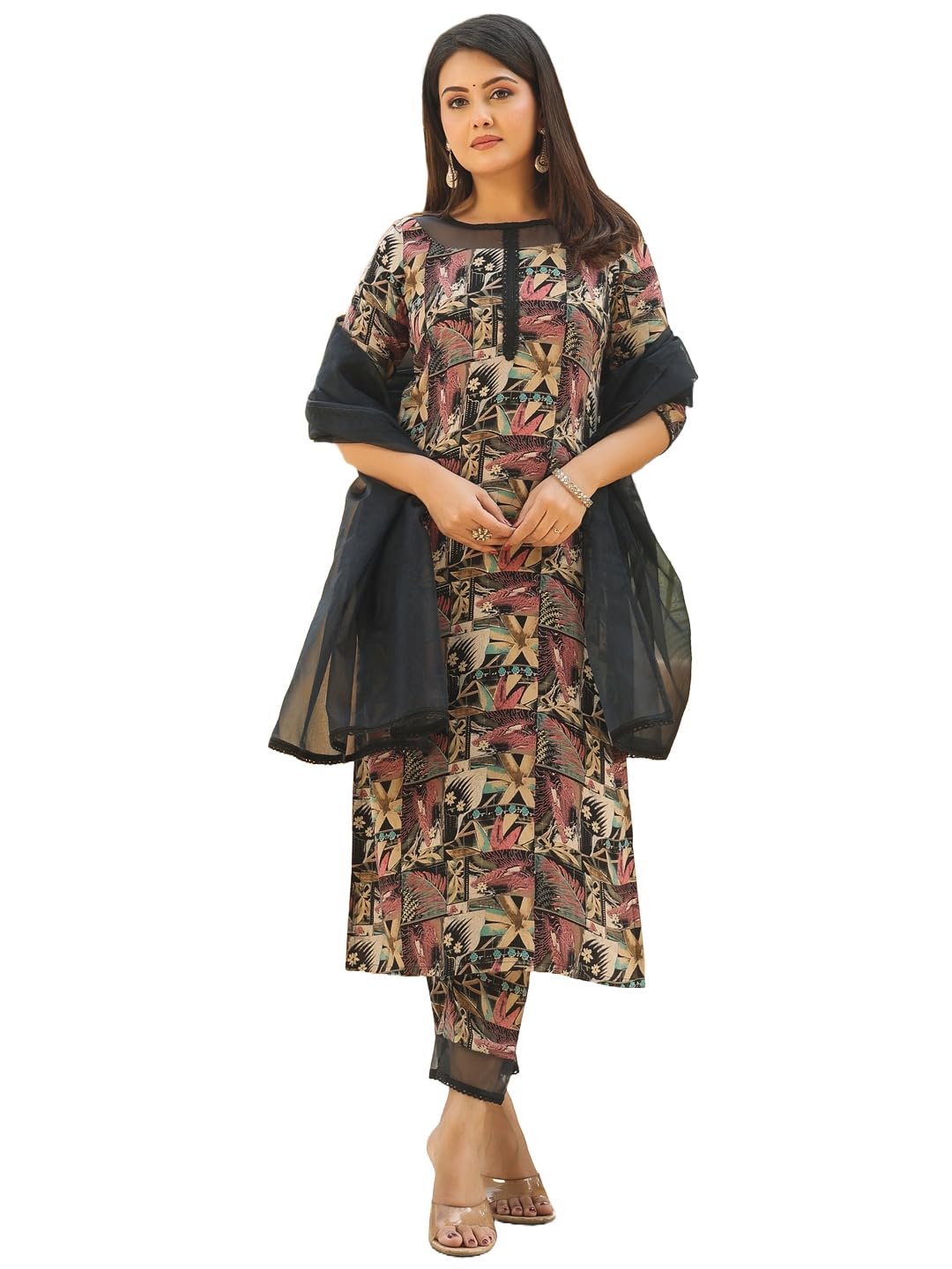 Anni Designer Women'S Rayon Blend Printed Straight Kurta With Pant & Dupatta (Keech Black_Xxl_Black_Xx-Large),Black,2XL,,,