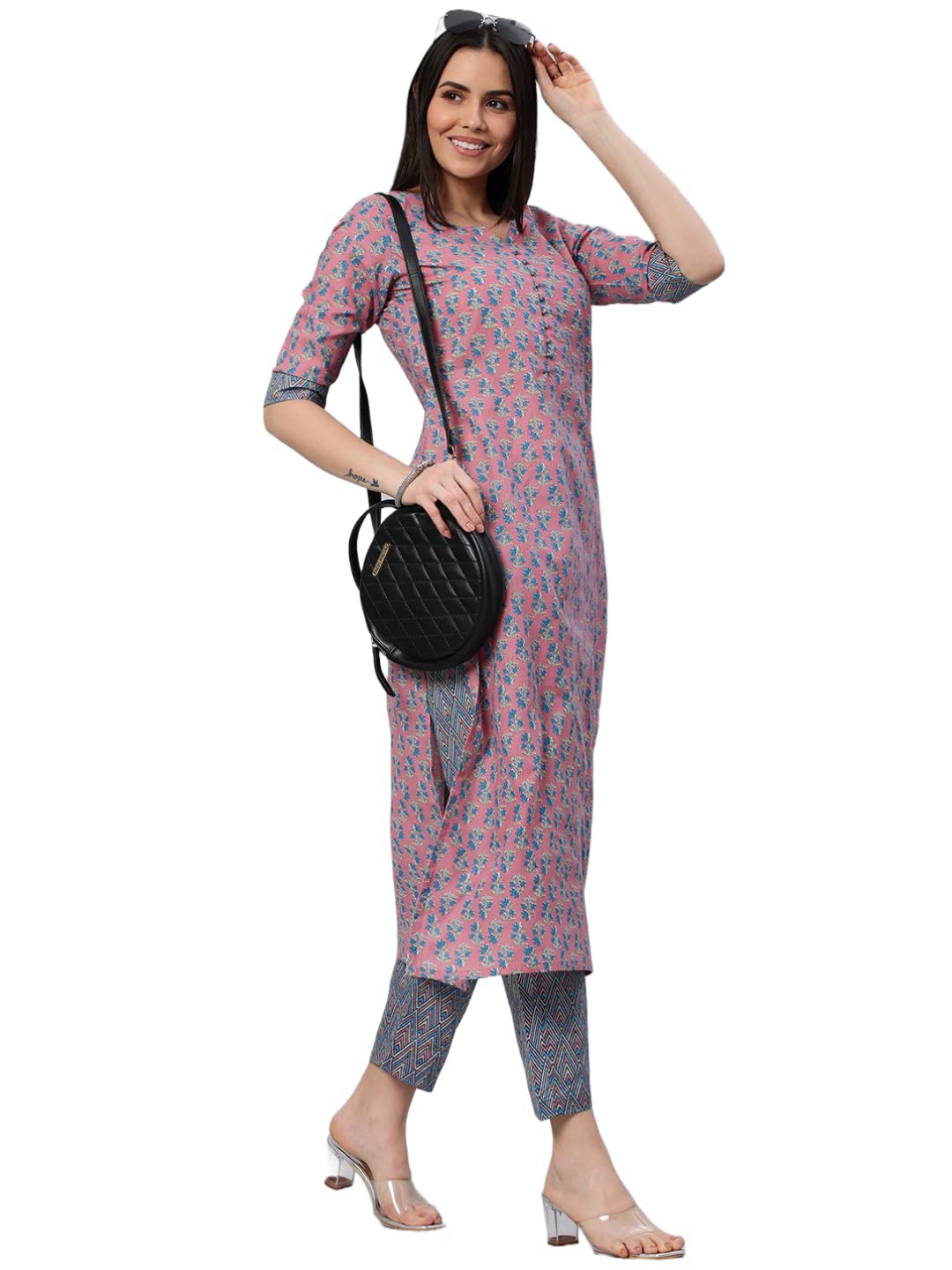 Anni Designer Women'S Cotton Blend Straight Printed Kurta With Pant (Padwil Pink-Nw5_Xl_Pink_X-Large),Pink,XL