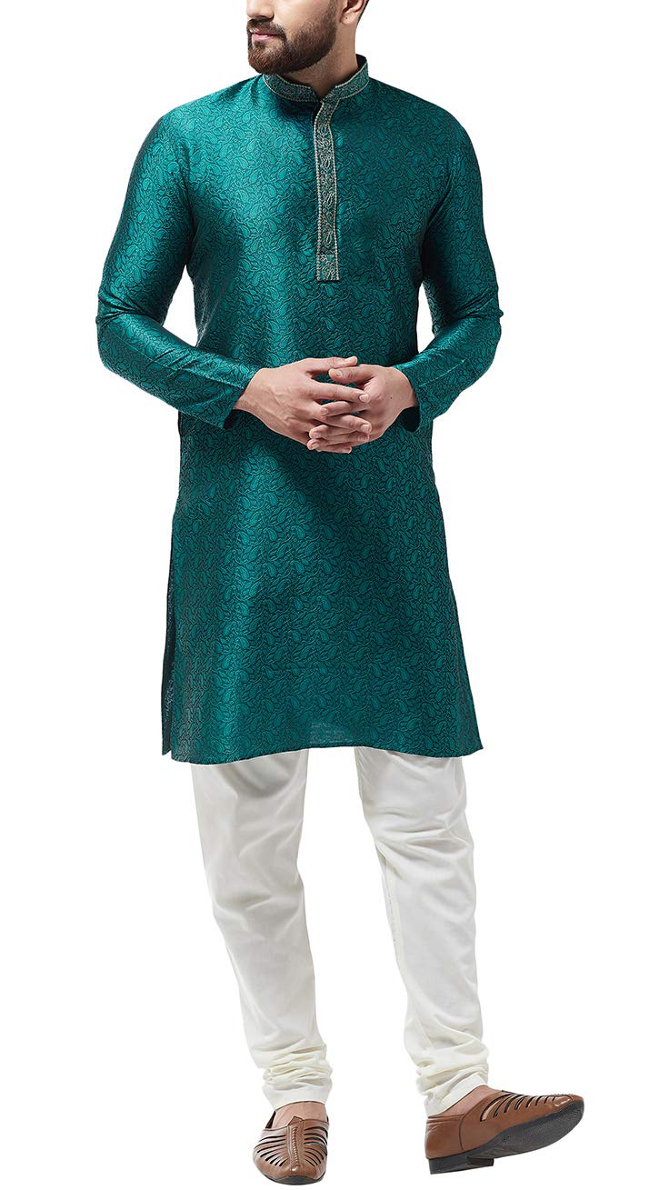 Sojanya (Since 1958 Men'S Silk Blend Teal Green Kurta And Off White Churidar Pyjama Set Size 40