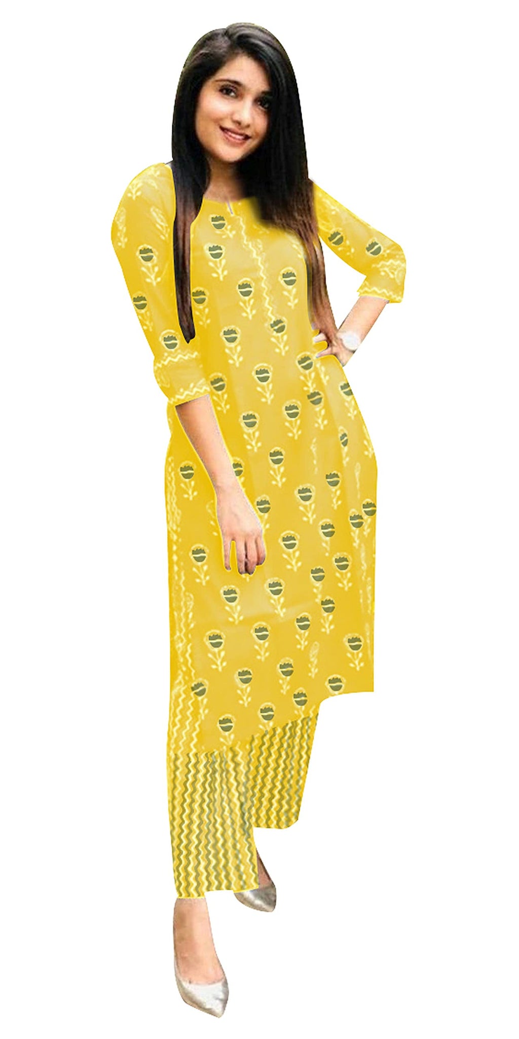 Anni Designer Women'S Pure Cotton Flower Print Kurta With Palazzo (Yellow Flower_L_Yellow_Large),Yellow,L