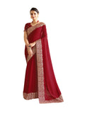 Satrani Women's Vichitra Silk Hot Fixing Embroidery Border Saree with Unstitched Blouse Piece (3614S152N_Red)
