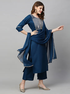 Gosriki Women'S Cotton Blend Straight Embroidered Kurta With Pant & Dupatta (Mahuni-Go_Blue_Medium),Blue,,B0B82K79PG