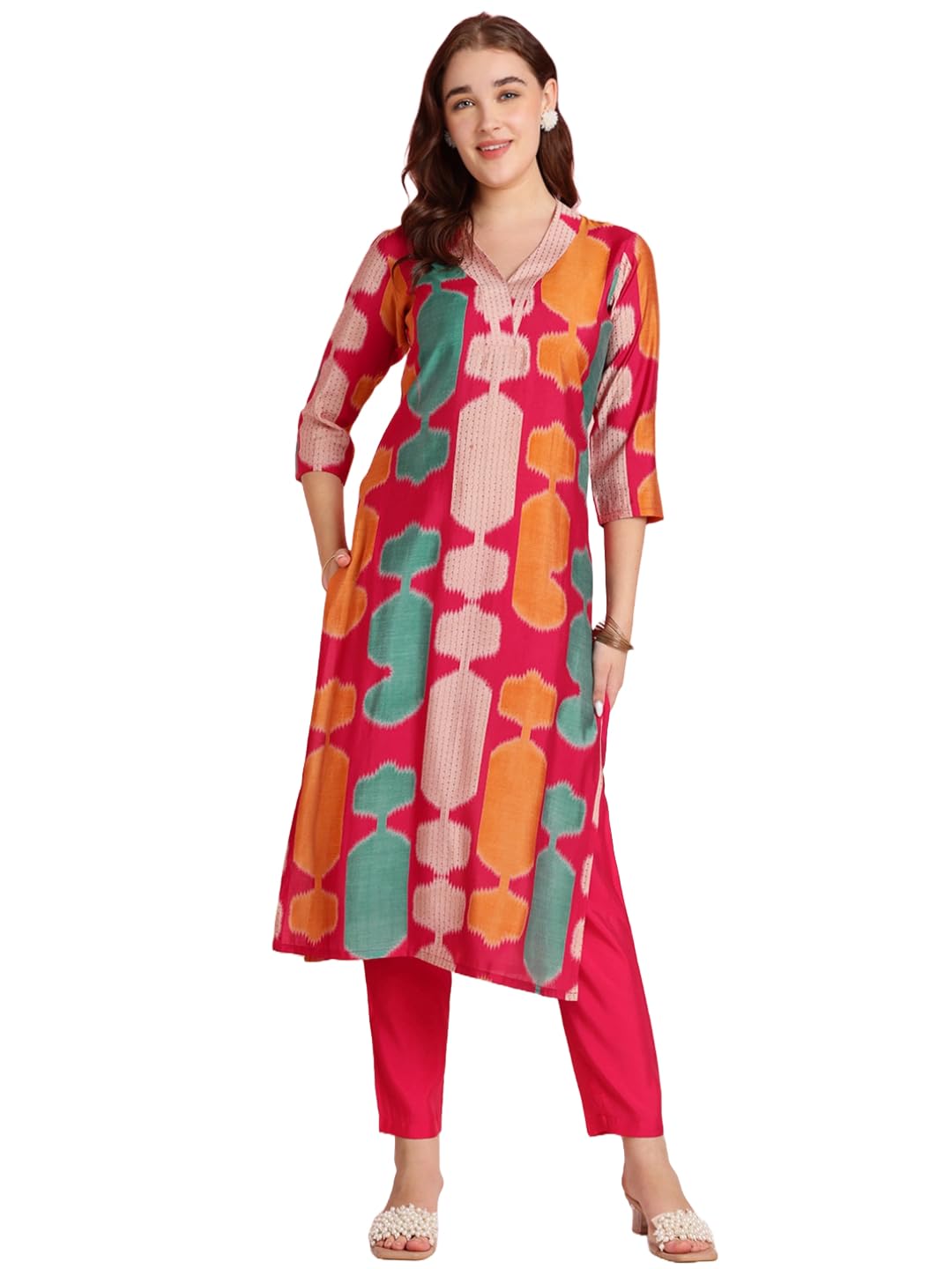 Anni Designer Women'S Rayon Blend Straight Printed Kurta With Pant (Surdas Pink_S_Pink_Small),Pink,S