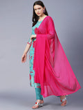 Anni Designer Women'S Cotton Blend Floral Straight Kurta With Pant & Dupatta (Madhya_Turquoise_X-Large),Turquoise,XL,,,