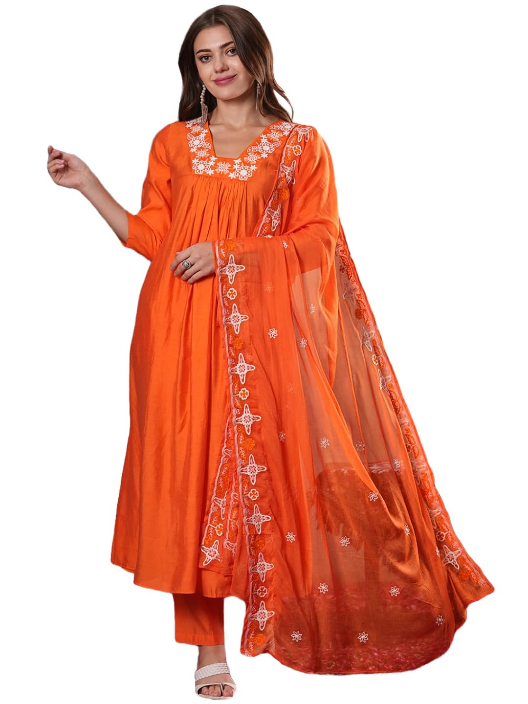 Anni Designer Women'S Rayon Blend Anarkali Thread Work Kurta With Pant & Dupatta (Ashvthama Orange-Vks07_Xxl_Orange_Xx-Large),Orange,2XL