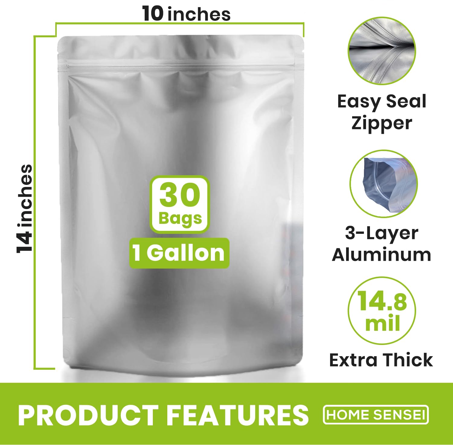 30 Mylar Bags for Food Storage 1 Gallon - Extra Thick 15 Mil - Long Term & Food Grade - Mylar Bags with Oxygen Absorbers 400cc-