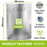 30 Mylar Bags for Food Storage 1 Gallon - Extra Thick 15 Mil - Long Term & Food Grade - Mylar Bags with Oxygen Absorbers 400cc-
