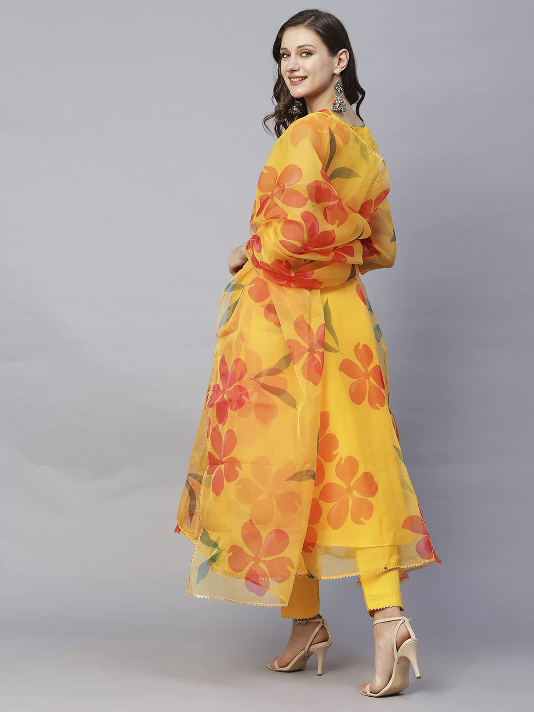 Anni Designer Women'S Organza Anarkali Floral Printed Kurta With Pant & Dupatta (Bhuj-Yellow-Nw_Xxl_Yellow_Xx-Large),Yellow,2XL,Organza,Anarkali,Kurta, Pants, Scarf