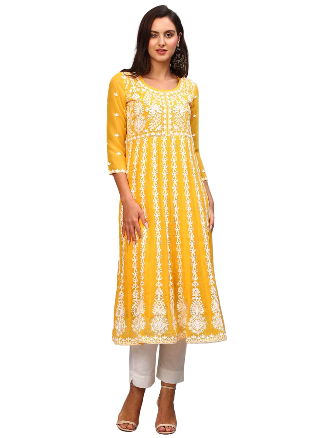 Anni Designer Women'S Georgette Chikankari Embroidered Anarkali Kurti (Naav Yellow-Nw1_M_Yellow_Medium),Yellow,M