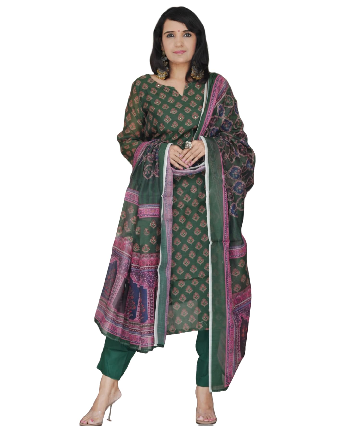 Anni Designer Women'S Rayon Blend Straight Printed Kurta With Pant & Dupatta (Muguri Green_Xl_Green_X-Large),Green,XL,,,