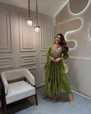 Anni Designer Women'S Rayon Blend Embroidered Anarkali Kurta With Pant & Dupatta (Kanota Green_M_Green_Medium),Green,M,Rayon,Anarkali,