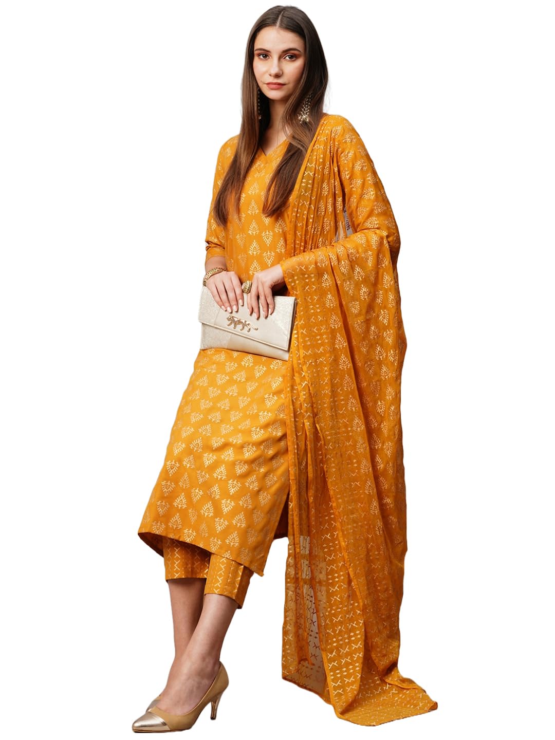 Anni Designer Women'S Cotton Blend Straight Printed Kurta With Pant & Dupatta (Mohmaya Mustard_Xxl_Mustard_Xx-Large),Mustard,2XL