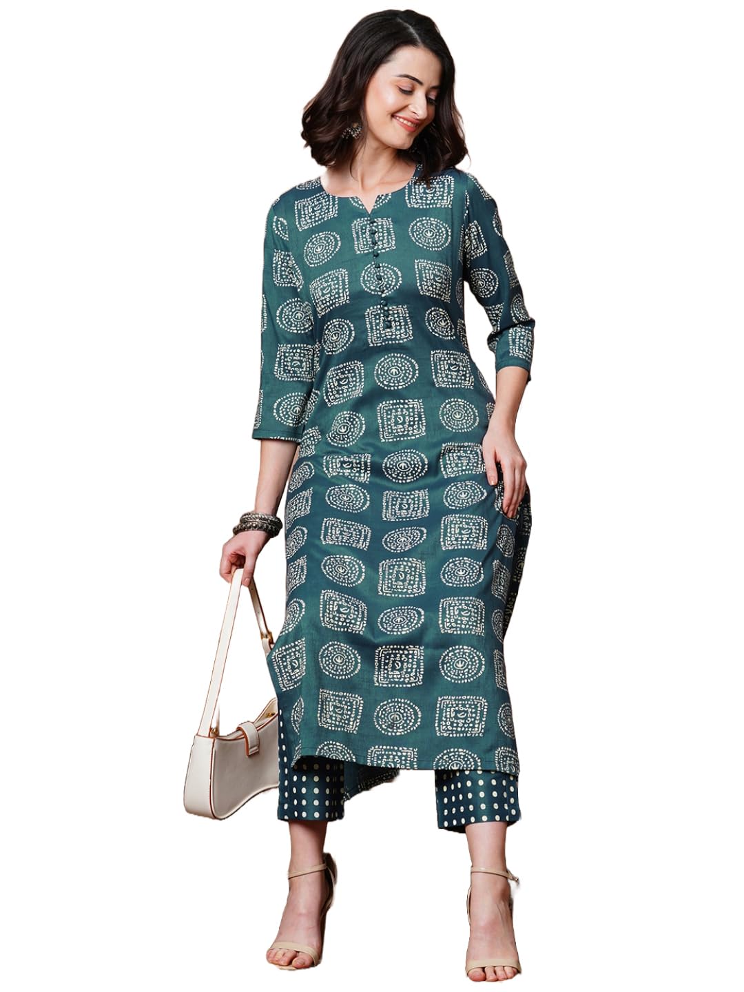 Anni Designer Women'S Cotton Blend Straight Printed Kurta With Pant (Posina Blue_M_Blue_Medium),Blue,M