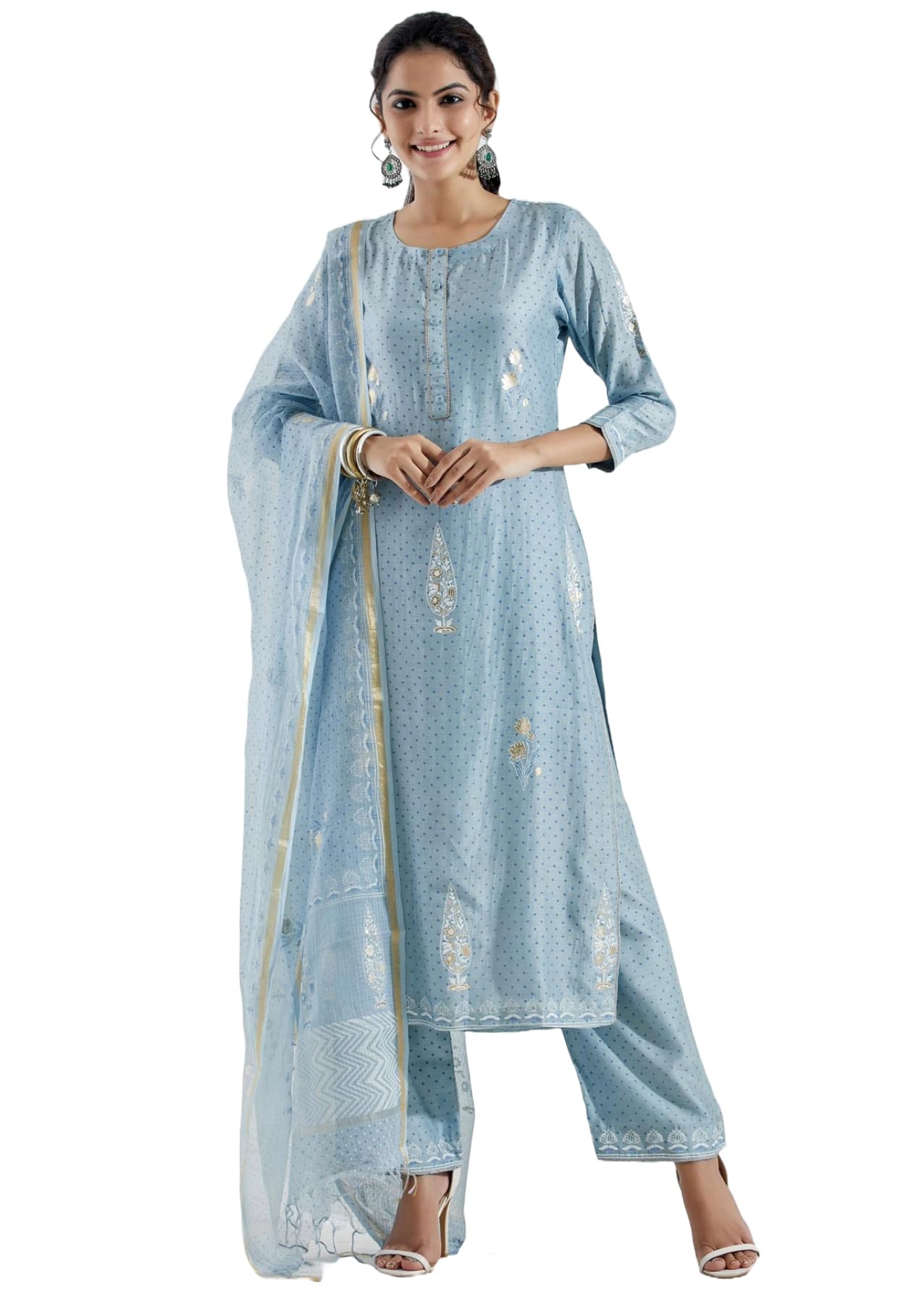 Gosriki Women'S Cotton Blend Straight Printed Kurta With Pant & Dupatta (Mataji Blue-Gs_Xl_Blue_X-Large),Blue,,B0D4VJ8444