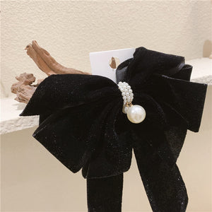 Wekicici Big Bow Hair Clips with Pearl Black Bow Hair Clips Huge Soft Bow Women Barrettes Accessories for Women Girls (Black),re
