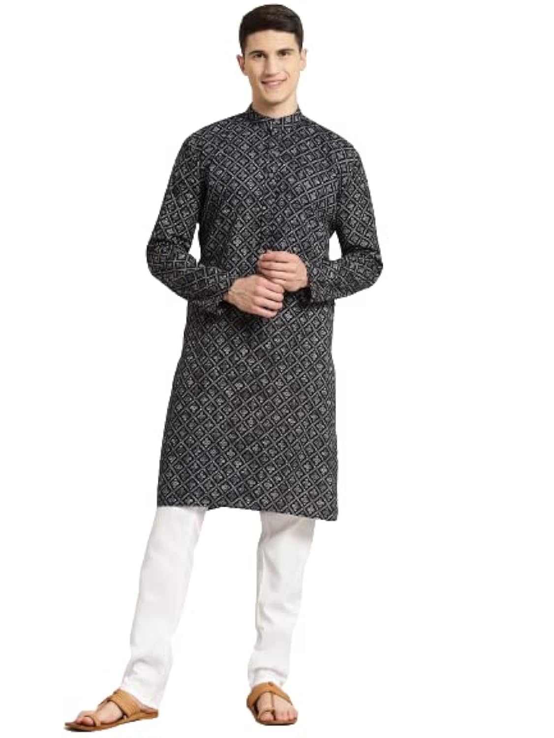 Sojanya (Since 1958 Men'S Cotton Black & Grey Print Kurta & White Churidar Pyjama Set