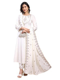 Pratham Blue Anarkali Womens Embroidered Silk Curta with Trousers and Dupatta (Kurta Set for Women), White, S