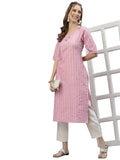 Stylum Women's Self Woven Striped Cotton Blend Straight Kurta (YASHIPINK46_Light Pink, 3XL)