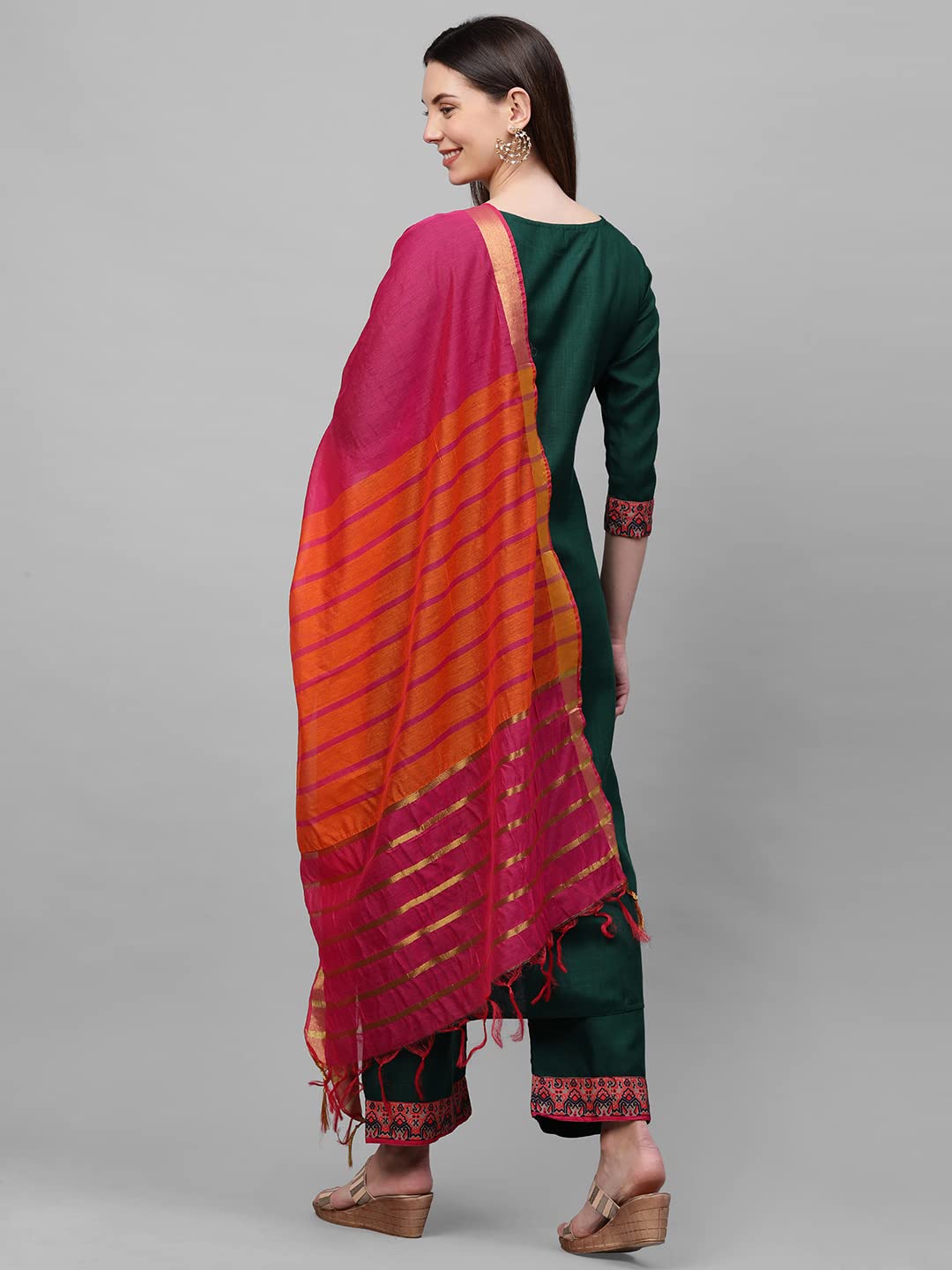 Anni Designer Women'S Cotton Blend Straight Printed Kurta With Pant & Dupatta (My Hit Nw Dark Green_Xxl_Dark Green_Xx-Large),Dark Green,2XL,Cotton Blend,Straight,