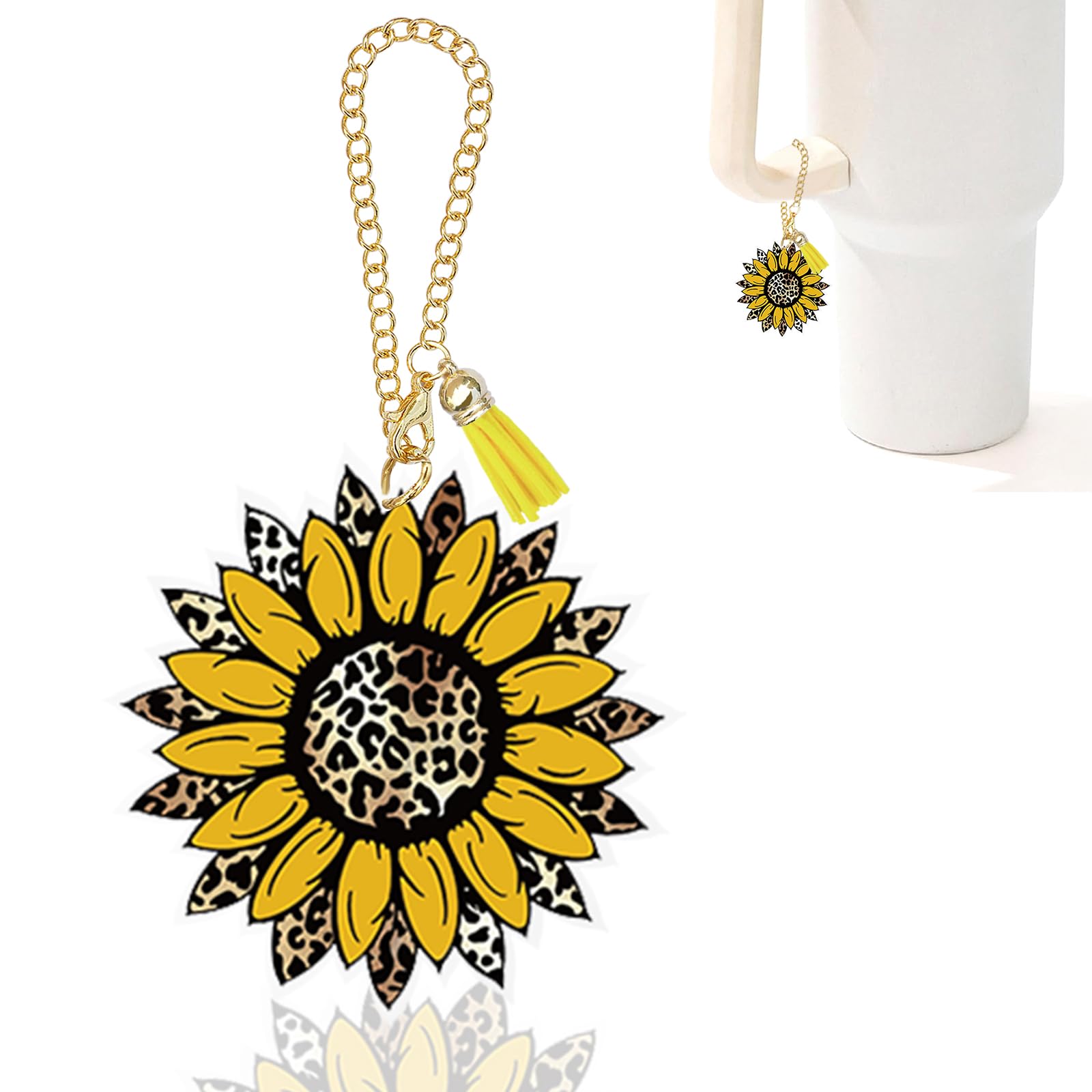 Ldntly Leopard Sunflower Stanley Cup Accessories,Stanley Charms for Handle Water Bottle Charms Tumbler Keychain Sunflower Gifts 