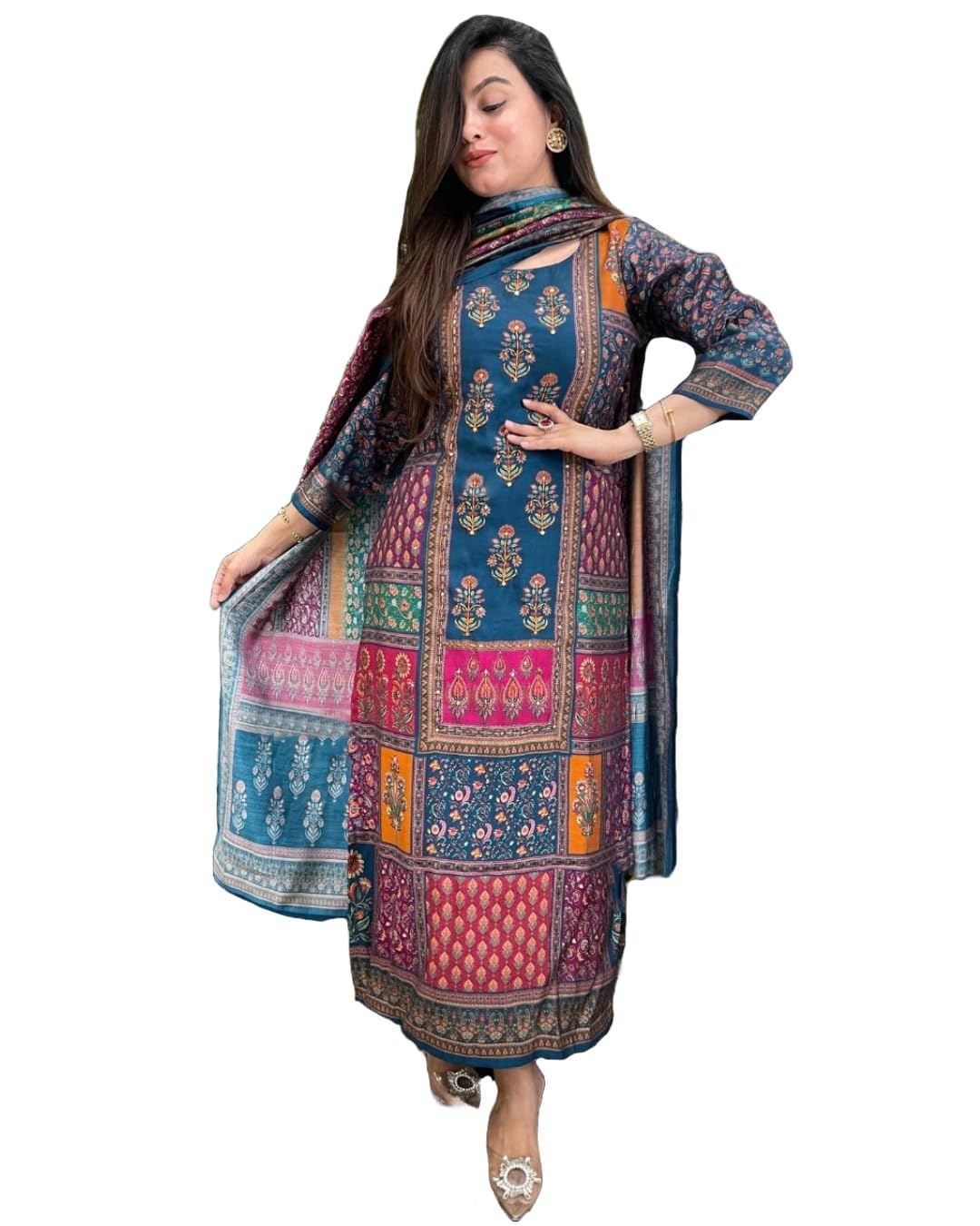 Anni Designer Women'S Rayon Viscose Printed Straight Kurta With Pant & Dupatta (Sula Multi_Xxl_Multicolor_Xx-Large),Multicolour,2XL
