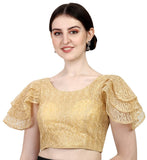 Pujia Mills Women's Shipali Net Work Ruffle Sleeves Readymade Saree Blouse (Shipli Jhadu Gold_ Gold_38 Size + Margin)