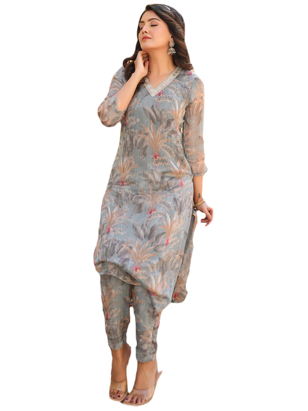 Anni Designer Women'S Rayon Blend Straight Printed Kurta With Pant (Feni Grey_S_Grey_Small),Grey,S
