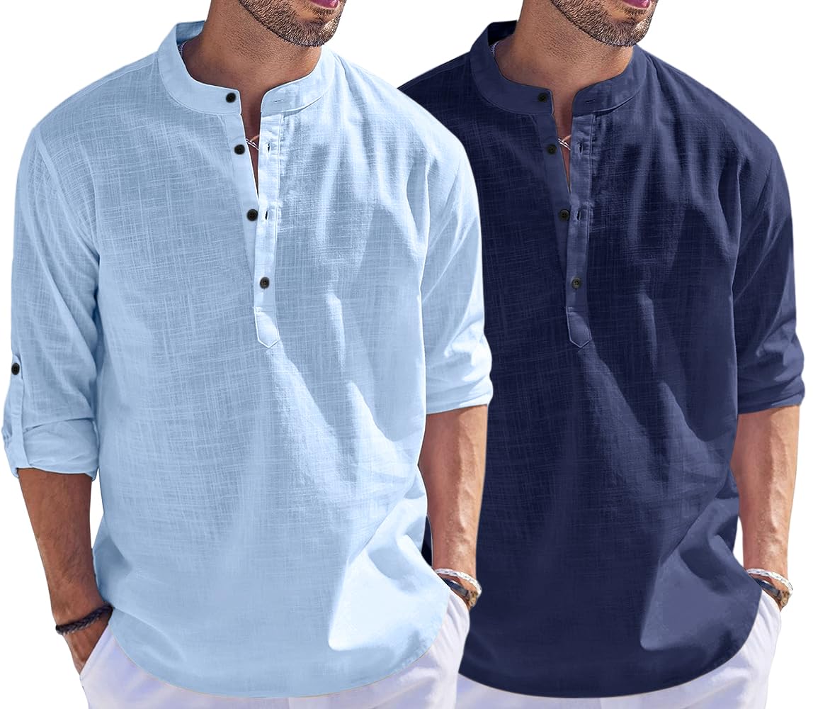 Bellstone Men'S Cotton Blend Solid Regular Dress Shirt (Kurta1500_Combo_Sky & Navy_L