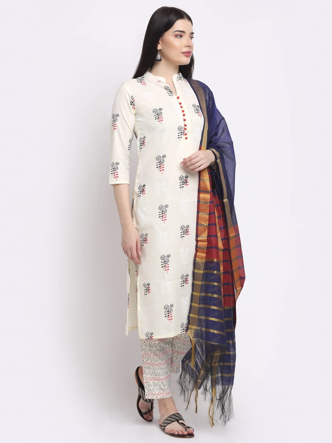 Anni Designer Women'S Cotton Straight Kurta With Pant & Dupatta (Kptd-Cot-10003-White_Xl_White_X-Large),White,XL,Cotton Blend,Straight,