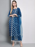 Anni Designer Women'S Cotton Blend Embroidered Straight Kurta With Pants & Dupatta (Kurupam-Cersoin_L_Dark Blue_Large),Dark Blue,L,,,