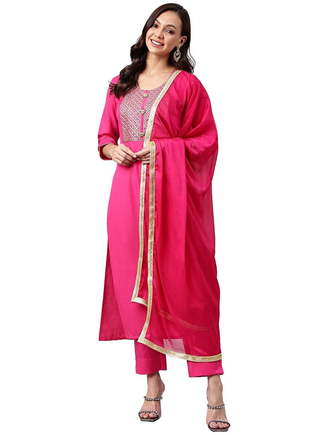 Anni Designer Women'S Cotton Blend Embroidered Straight Kurta With Pant & Dupatta (Lissy Sty Pink_L_Pink_Large),Pink,L