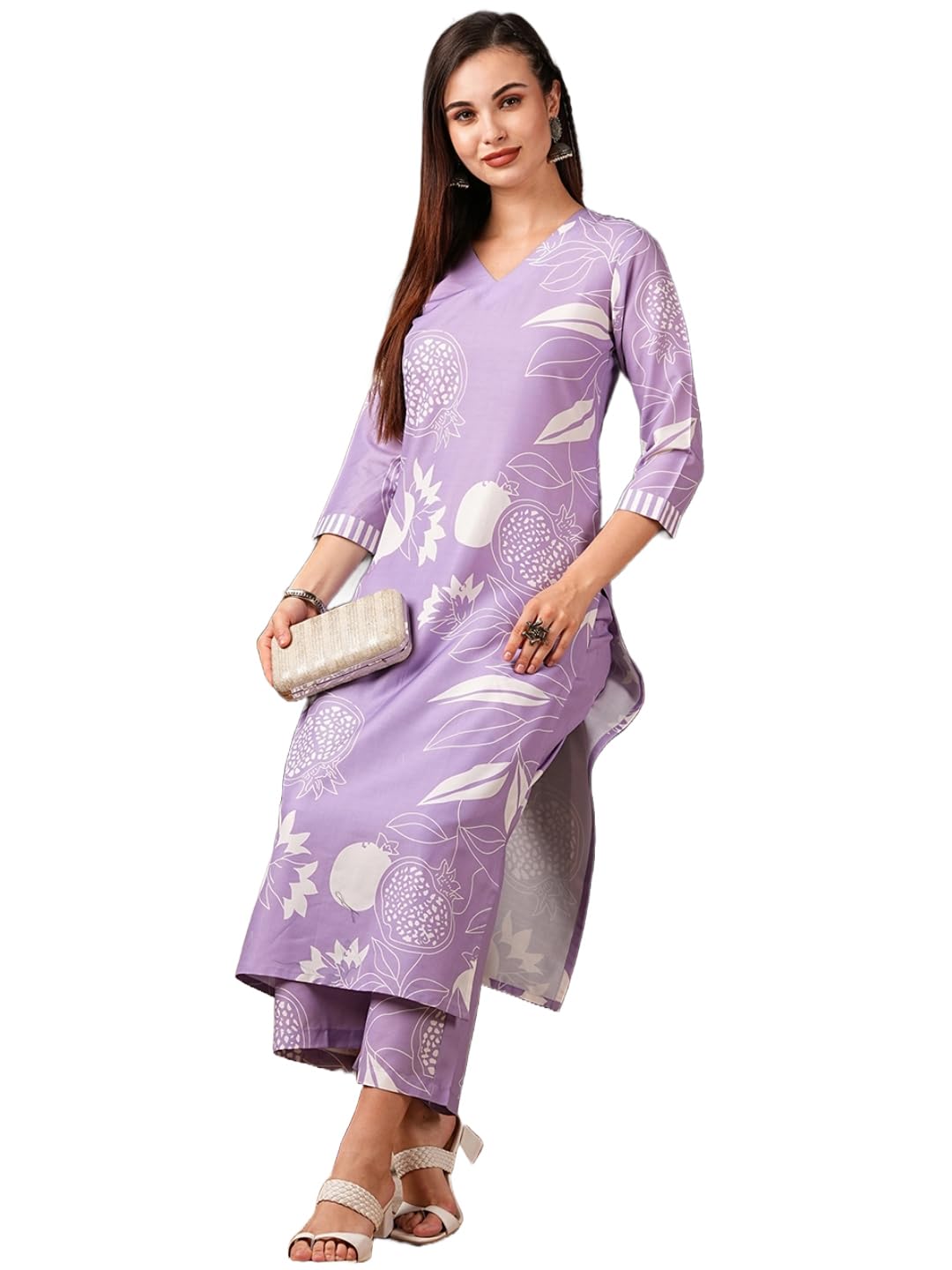 Anni Designer Women'S Cotton Blend Straight Printed Kurta With Pant (Anaar-Purple_Xl_Purple_X-Large),Purple,XL