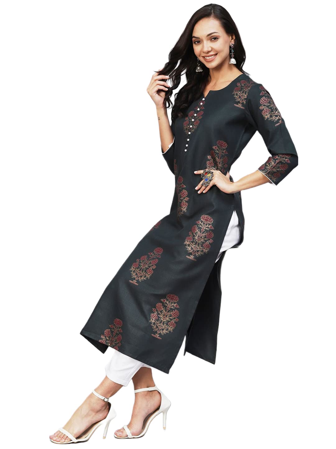 Anni Designer Women'S Cotton Blend Straight Printed Kurta With Pant Set (Black009-Green_L_Blue_Large),Green,L