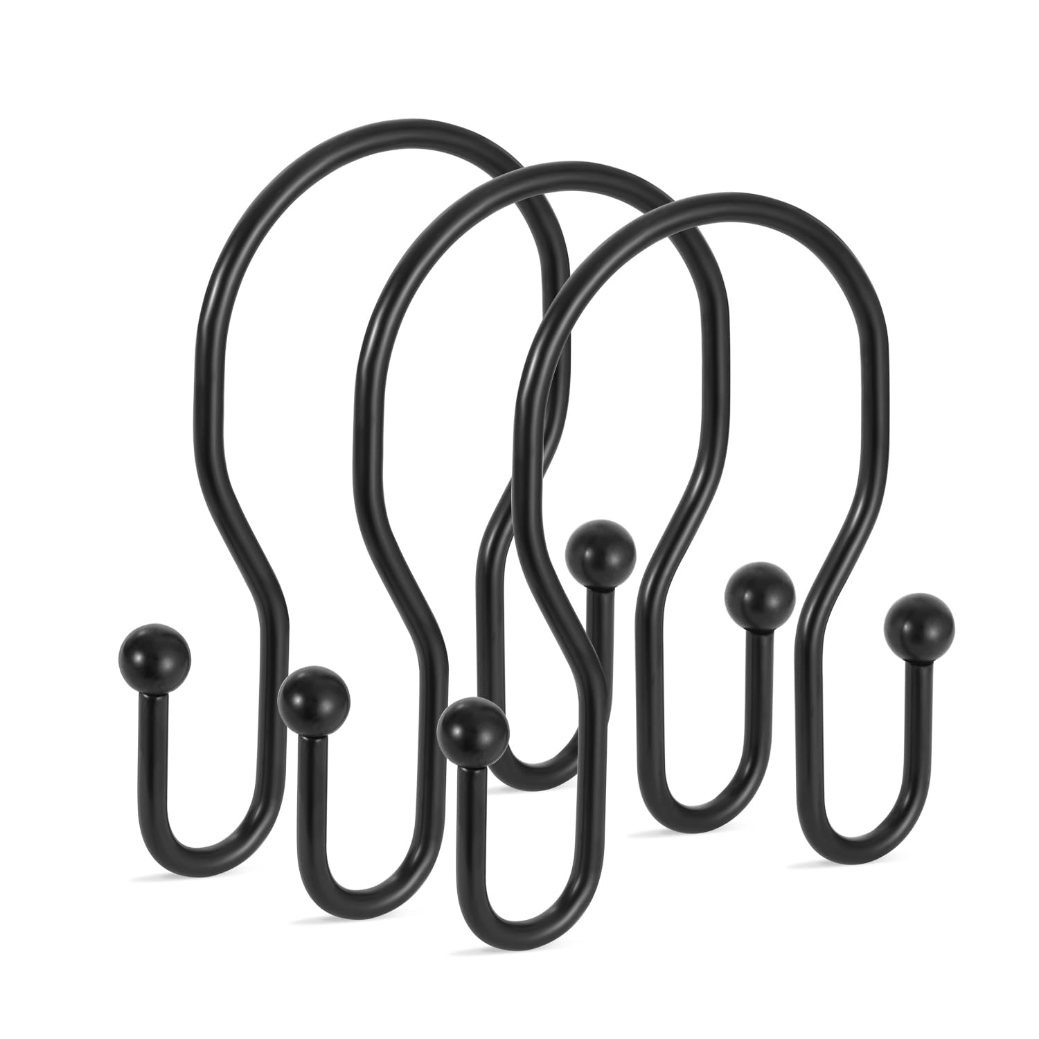 12 Pack Double Shower Curtain Hooks Rings, Tenovel Double Sided Shower Curtain Hooks Rust Proof For Shower Curtain, Stainless Steel Bathroom Shower Hangers Rings For Shower Rods, Matte Black,Shower Curtain Rings