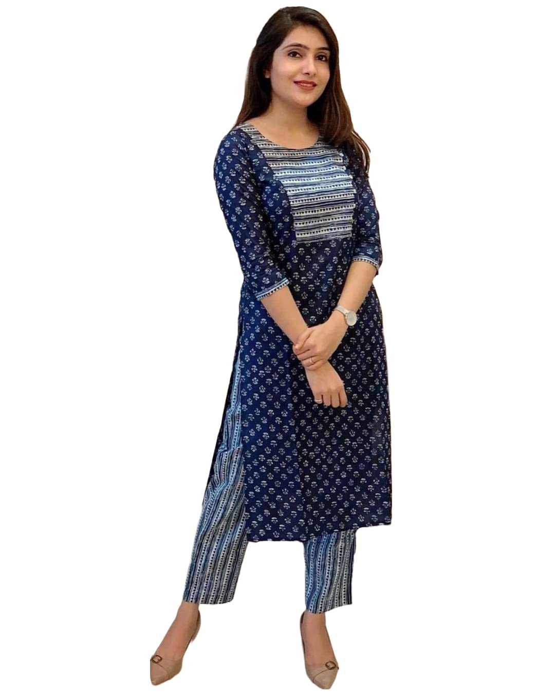 Gosriki Women'S Cotton Blend Straight Printed Kurta With Pant (Kuhoo Blue-Gs_Xl_Blue_X-Large),Blue,,B0C5JQHKVK