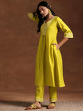 Libas Womens Yoke Design Silk Blend A-Line Kurta With Trousers Yellow L