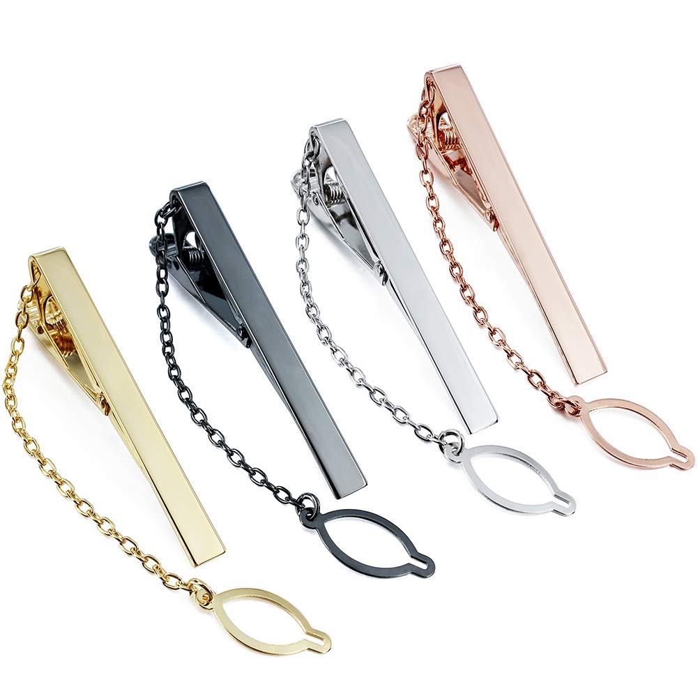 Hawson 4 Pcs Tie Clips Set For Men Necktie 2 Inch Tie Bar Clip With Chain - Business Wedding Accessories