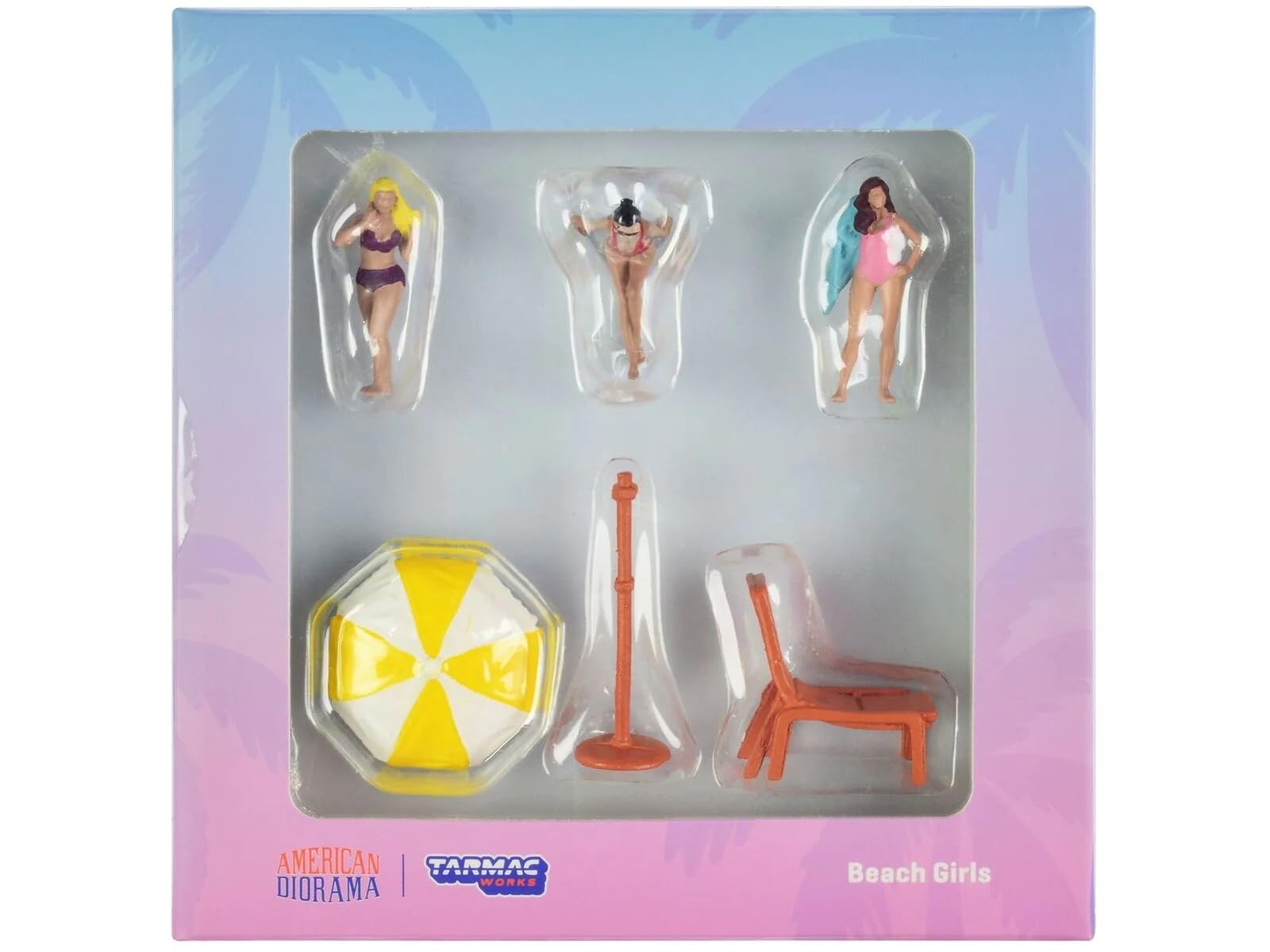 Beach Girls 5 Pc Diecast Figure Set (3 Female Figures And 2 Beach Accessories) For 1/64 Scale Models By Tarmac Works & American