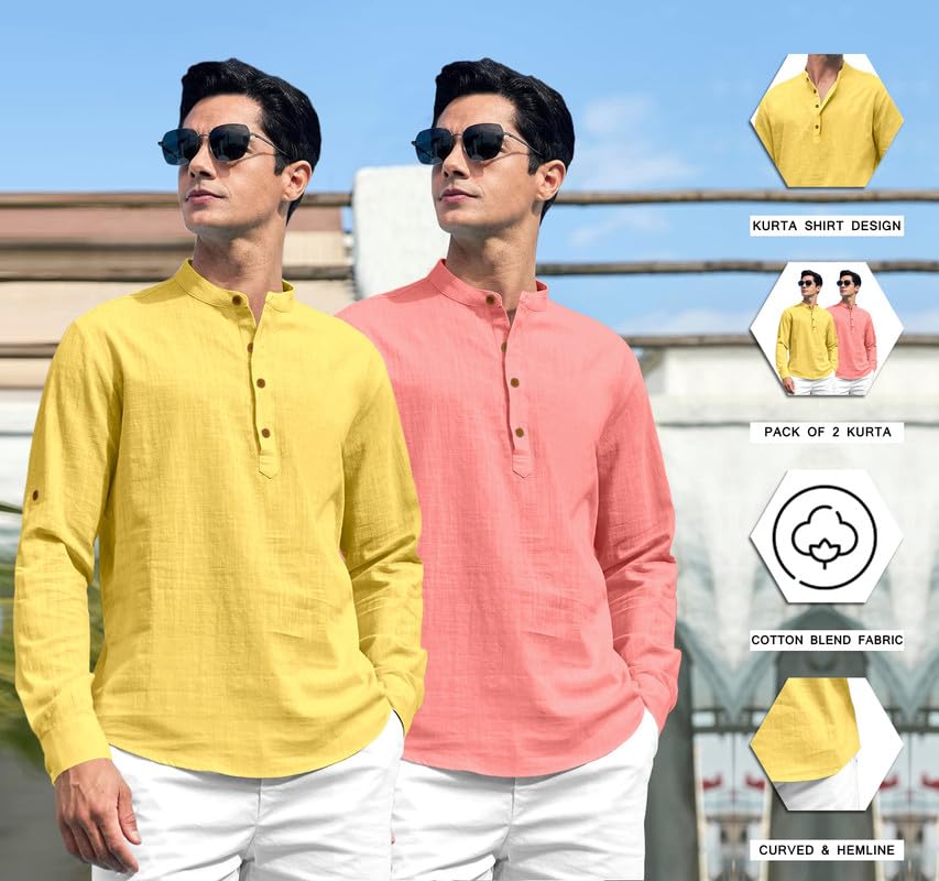 Royalscout Combo Of Men'S Solid Cotton Blend Full Sleeve Straight Kurta Shirt (Pack Of 2) Yellow-Peach L