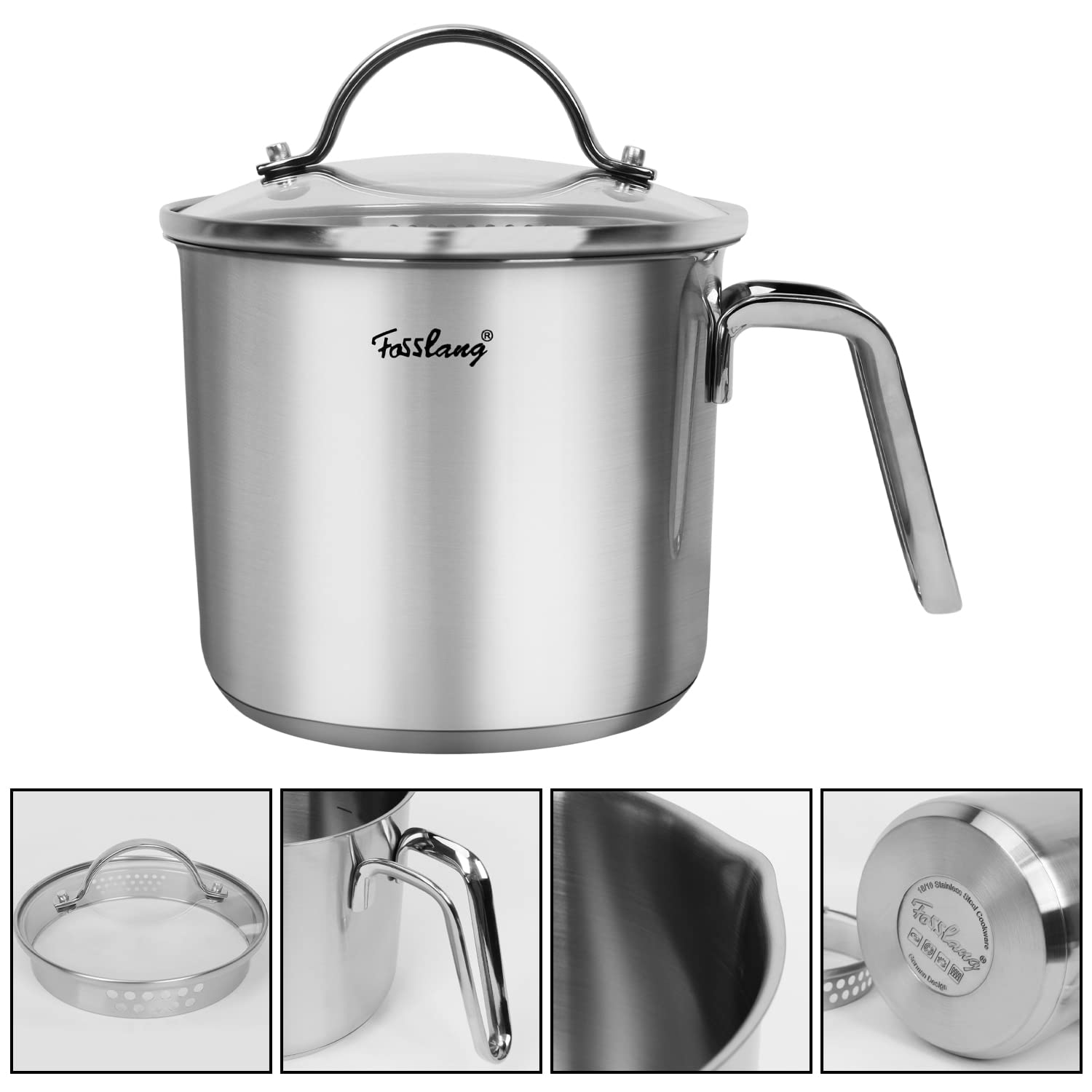 15 Quart Stainless Steel Saucepan with Pour Spout, Saucepan with glass Lid, 6 cups Burner Pot with Spout - for Boiling Milk, Sau
