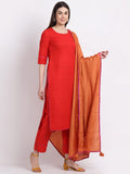 Anni Designer Women'S Cotton Blend Straight Kurta With Pant & Dupatta (Gubghat-Red_L_Red_Large),Red,L,,,