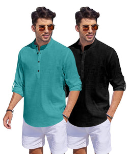 Bellstone Men'S Cotton Blend Solid Regular Fit Dress Shirt (Kurta1500_Combo_Rama & Black_M