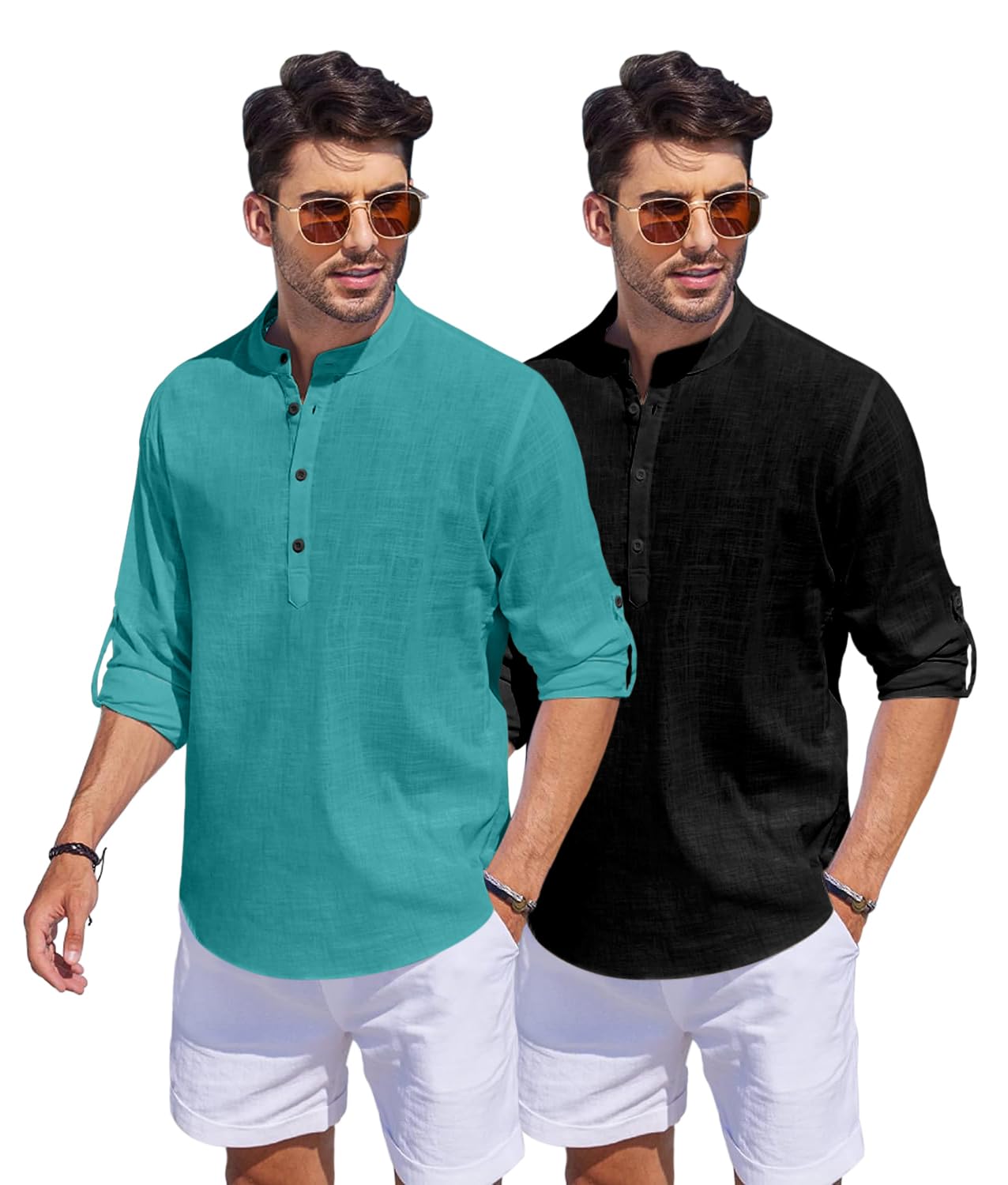 Bellstone Men'S Cotton Blend Solid Regular Fit Dress Shirt (Kurta1500_Combo_Rama & Black_L