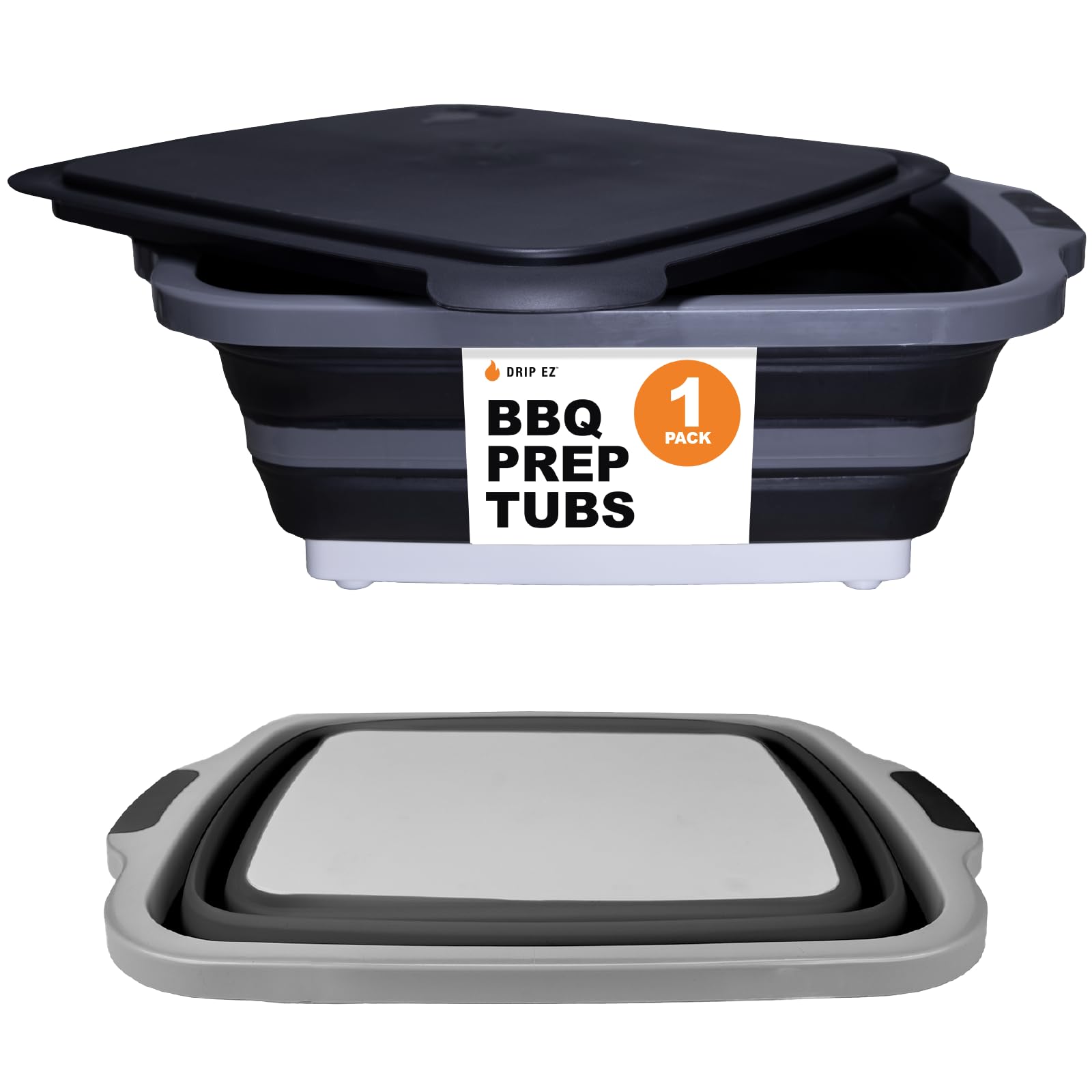 Drip EZ Collapsible BBQ Prep Tub(V1) - for Meal Prep, Marinating, Food Storage - Includes Cutting Board & Lid - (1) OG - Black