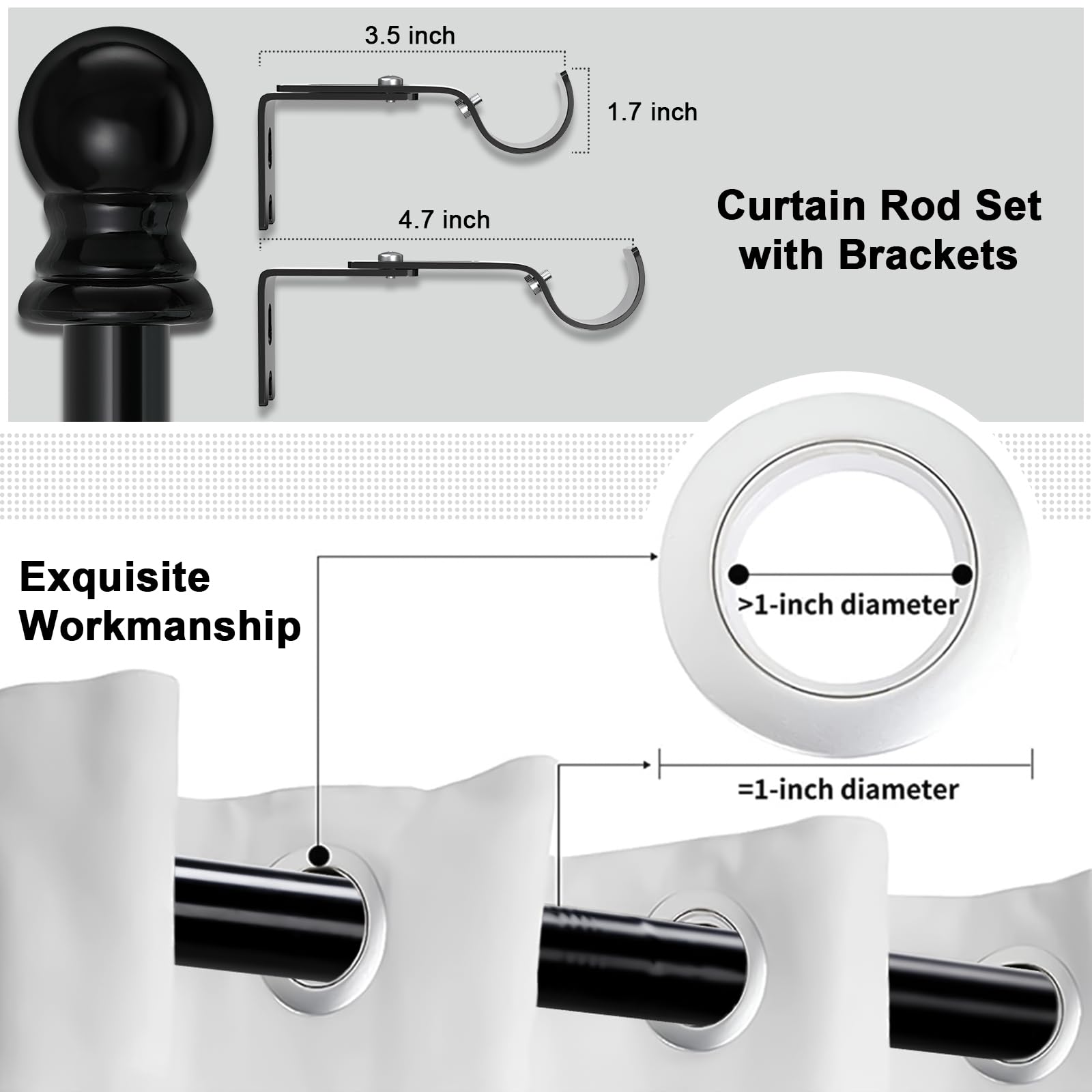 1 Inch Black Curtain Rods for windows, Heavy Duty Adjustable Splicing Single Curtain Rod with Brackets (30-144)